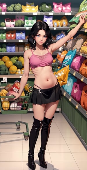 (full body shot:1.4), (xena the warrior princess), perfect face, black hair, blue eyes, perfect body, skinny body, ((shopping grocery in a supermarket with 4 kids)), (pushing a cart), (over the knee boots), (high heels), leather pleated miniskirt, (showing belly),score_9, score_8_up,bimbo,skinny