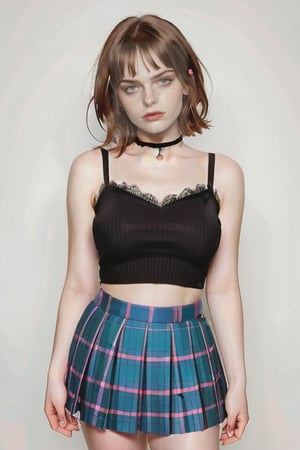 A vibrant, youthful full body shot of a 20-something woman. She stands confidently, her long eyelashes framing sparkling eyes that shine with happiness. Her full lips curve into a warm smile, accentuated by light pink blush on her cheeks. Her bobbed brown hair is styled to perfection, and a delicate choker adorns her neck. She wears a lacy top and a tartan pleated skirt that showcases her slender figure. Glasses perch on the end of her nose, adding a touch of whimsy to this full-body portrait.