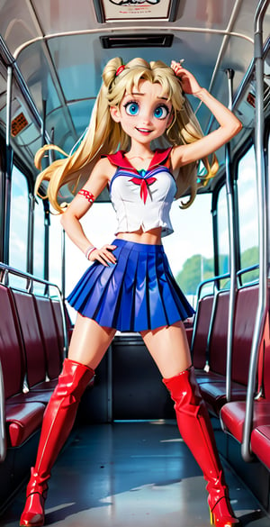 (Full body shot:1.4),  side view, low angle view, ultra realistic photography,  a young Sailor Moon in a bus, crowded bus, perfect face, beautiful face, skinny body, blond hair, freckles, 12yo, very happy, smile, red lipstick, detailled background, long smooth hair, fringe, bang, twin_braid, very long hair, perfect boobs, large breast, white fishnet tank top, pleated miniskirt, showing belly, red over the knee boots, red lipstick, blue eyes, hanging hair,thylane,skirtlift, ((full body shot)), band shirt, [Sailooor!!],see-through clothes,strapless rainbow gradient fishnets,high heels, leather jacket, arms up, one arm_raised,disney pixar style