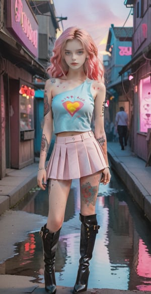 (full body shot), A serene scene unfolds as a 16-year-old girl, donning a pink miniskirt and one-shoulder tank top, walks through the vibrant merchant street of a cyberpunk village. The setting sun casts a warm glow, highlighting her freckles, red lipstick, and tattoos. Her long, wavy pink hair flows behind her like a river, as she confidently struts in over-the-knee boots and high heels. The tight-fitting clothes accentuate her physique, while the anime-style watercolor filter gives the scene a vintage charm. large breast, skinny body, bimbo make-up, (over the knee boots)