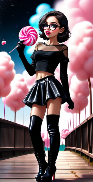 (full body shot:1.4), a teenage girl, 13 yo, skinny body, perfect face, perfect body, bimbo makeup, bob haircut, black hair, glasses, red velvet skirt, showing belly, (black see-through t-shirt:1.3), black mesh top, black laces top, very sexy attitude, (eating cotton candy:1.4), leaning on a fence, on a bridge, near a lake, detailed_background, high heels, (long over the knee boots:1.4), cotton candy atmosphere,see-through clothes, flying butterflies, stars