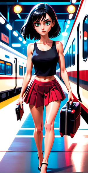 face view, (full bodyshot), A photorealistic masterpiece! A 14-year-old girl with perfect face and body, big breasts and skinny physique, black hair, long hair, bob haircut, fringe, bangs, walks confidently in a crowded summer evening train station. She's wearing glamorous style clothes - a miniskirt and a tank top, showing belly, high heels, and red lipstick. Her thin legs are toned and perfect, as she walks effortlessly while holding a heavy suitcase with one hand. In the background, neon lights reflect off the sensual clothes, creating a sense of depth and detail. The subject's sharp features pop against the blurred crowd, exuding a glamorous style,Extremely Realistic,skinny,disney pixar style