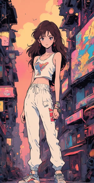 (full body shot), A serene scene of a skinny teenager prostitute in a white sweatpant, withe one shoulder tank top, showing belly, set against the vibrant place of a cyberpunk village, cleavage, high heels, freckles, red lipstick, showing belly, long wavy brown hair, anime style