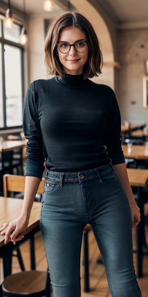 1girl, solo, french, 26 yo,  marineblueeyes, grey sweater, (black skinny jeans: 1.7), medium large breasts, glasses, brown hair, bob haircut, short hair, shy smile, best quality, amazing quality, very aesthetic, sitting at a table in a pizzeria