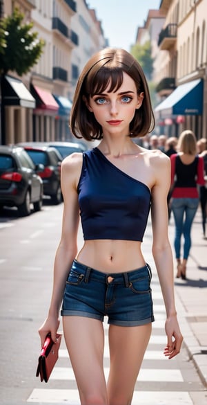 ((Full body shot:1.4)), realistic photography, masterpiece, best quality, 1 girl, solo, ((an extremely delicate and beautiful)), perfect body, petite skinny girl, perfect face, spanish petite girl ,age 12, milky white skin,beautiful detailed eyes, bob haircut, dark hair, mini blue denim tight short, black one shoulder crop top, showing belly, flat belly, thin legs, high heels, shy smile, walking in a crowded street, detailled background with high heeled bimbo, Bimbo Makeup, red lipstick, (one shoulder top:1.4),skinny, (in the street), (tight denim short:1.4)