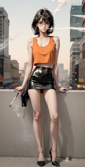 ((full body shot:1.4)), Velma Dinkley, a sultry 12-year-old, poses languidly against a retro cityscape backdrop in full daylight. Her velvety red miniskirt and orange tank top accentuate her perfect face and physique, while high heels elongate her thin legs and her anorexic body. She has very long and smooth hair, a bob haircut, fringe,  Freckles dot her porcelain skin as she leans on the sleek black railing, smoking a cigarette with an air of boredom and concern. Golden lighting enhances her slender form, and neon city signs reflect off her glasses, lending an otherworldly mystique to her bespectacled gaze.,REALISTIC, (smoking cigarette: 1.4)