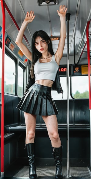 (Full body shot:1.4),  side view, low angle view, ultra realistic photography,  a young Tifa Lockhart in a bus, crowded bus, perfect face, beautiful face, skinny body, black hair, freckles, 12yo, very angry, red lipstick, detailled background, long smooth hair, very long hair, perfect boobs, large breast, white tank top, pleated black miniskirt, showing belly, black over the knee boots, red lipstick, hanging hair,high heels, leather jacket, arms up, one arm_raised