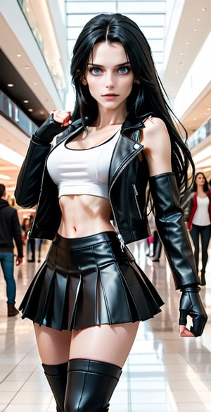 (Full body shot:1.4),  side view, low angle view, ultra realistic photography,  a young Tifa Lockhart in a mall, crowded mall, perfect face, beautiful face, skinny body, black hair, freckles, 12yo, very angry, red lipstick, detailled background, long smooth hair, very long hair, perfect boobs, large breast, white tank top, pleated black miniskirt, showing belly, black over the knee boots, red lipstick, hanging hair,high heels, leather jacket, arms up, one arm_raised, pointing finger, watching viewer