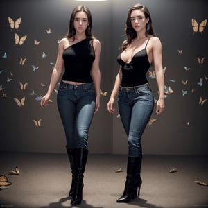 sologirl, masterpiece, young Jennifer Connelly standing in an theater, surrounded by butterflies, best quality, ray tracing, hdr, volumetric lighting, (full body shot), facing viewer, shy smile, photo, (medium breasts), tight skinny jeans, one shoulder black top, black long boots, high heels ,Masterpiece,jenniferconnelly