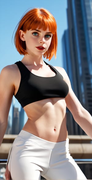 (Full body shot:1.4),  ultra realistic photography,  a young Leeloo from the Fifth Element riding a moto in a futuristic city, in daylight, crowded place, perfect face, beautiful face, perfect body, skinny body, orange hair, smooth hair, fringe, bang, perfect boobs, 12yo, very happy, smile, red lipstick, detailled background, bob haircut, perfect boobs,  white tank top, orange bow, tight yoga pant, high heels, (showing flat belly:1.4), flat belly, flat stomach, red lipstick, ((full body shot)),thylane,underboob, shirtlift,erection under clothes