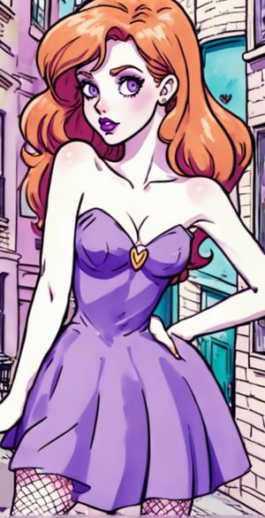 (Full body shot:1.4),  anime style,  a young Daphne Blake standing in a busy street of London, in daylight, crowded place, skinny body, perfect face, beautiful face, perfect body, long wavy red hair, purple bow in the hair, perfect boobs, 12yo, shy smile, red lipstick, detailled background, perfect boobs, (purple thight miniskirt:1.4), purple bra, showing belly, high heels, fishnets tights, undersized clothes,long ginger hair,hairband,glamourous makeup, huge breasts, big_boobs,VintageMagStyle,watercolor,