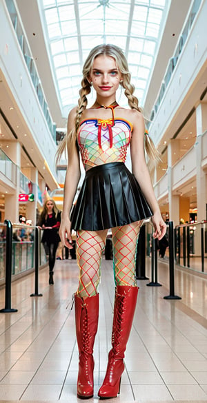 (Full body shot:1.4),  low angle view, ultra realistic photography,  a young Sailor Moon in a mall, crowded mall, perfect face, beautiful face, skinny body, blond hair, freckles, 12yo, very happy, smile, red lipstick, detailled background, long smooth hair, twin_braid, very long hair, perfect boobs, large breast, white fishnet tank top, pleated miniskirt, showing belly, red over the knee boots, red lipstick, blue eyes, hanging hair,thylane,skirtlift, ((full body shot)), band shirt, [Sailooor!!],see-through clothes,strapless rainbow gradient fishnets,high heels