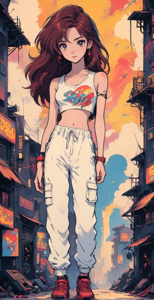 (full body shot), A serene scene of a skinny teenager in a white sweatpant, withe one shoulder tank top, showing belly, tatoos, set against the vibrant place of a cyberpunk village, cleavage, high heels, freckles, red lipstick, showing belly, long wavy brown hair, anime style,VintageMagStyle