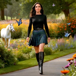 sologirl, masterpiece, Jennifer Connelly walking in a park, surrounded by butterflies, flowers, unicorn, stars, bubbles, best quality, ray tracing, hdr, volumetric lighting, (full body shot), facing viewer, (shy smile), photo, (medium breasts), tight tartan pleated miniskirt, one shoulder black top, black long boots, high heels ,Masterpiece,jenniferconnelly,photorealistic, over the knee boots,skswoman,JenniferConnelly