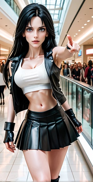 (Full body shot:1.4),  side view, low angle view, ultra realistic photography,  a young Tifa Lockhart in a mall, crowded mall, perfect face, beautiful face, skinny body, black hair, freckles, 12yo, very angry, red lipstick, detailled background, long smooth hair, very long hair, perfect boobs, large breast, white tank top, pleated black miniskirt, showing belly, black over the knee boots, red lipstick, hanging hair,high heels, leather jacket, arms up, one arm_raised, pointing finger, watching viewer