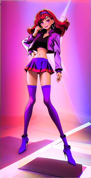 (Full body shot:1.4),  anime style,  a young Daphne Blake standing in a busy street of London, in daylight, crowded place, skinny body, perfect face, beautiful face, perfect body, long wavy red hair, purple bow in the hair, perfect boobs, 12yo, shy smile, red lipstick, detailled background, perfect boobs, (purple thight miniskirt:1.4), purple bra, leather jacket, showing belly, high heels, fishnets tights, undersized clothes,long ginger hair,hairband,glamourous makeup, huge breasts, big_boobs