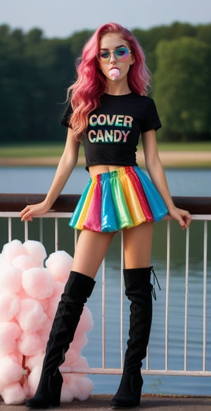 (full body shot:1.4), ultrarealistic photo, a teenage girl, 13 yo, skinny body, perfect face, (detailed face:1.3), perfect body, long wavy hair, (pink hair:1.3), rainbow glasses, red velvet skirt, showing belly, (black see-through t-shirt:1.3), black mesh top, black laces top, very sexy attitude, (eating cotton candy:1.4), leaning on a fence, on a bridge, near a lake, detailed_background, high heels, (long over the knee boots:1.4), cotton candy atmosphere,see-through clothes, flying butterflies, stars, rainbow,strapless rainbow gradient fishnets