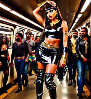 sologirl, masterpiece, a thin egyptian godess walking in an crowded subway station, 16 yo, ((very skinny body)), perfect body, perfect face, perfect boobs, 4K, hdr, volumetric lighting, ((full body shot)), facing viewer, shy smile, photo, over the knee boots, bimbo makeup, high heels, bob haircut, long hair, black hair, fringe, a lots of gold jewels, earings, bangles, armbands, gold chains, gold arm bracelets, gold cuffs, black and gold leather crop top,  black and gold leather miniskirt, showing belly, Obsidian_Gold, ((((full lenght portrait)))), dark lipstick, bright eyes, holding a whip and a gold scepter,Obsidian_Gold