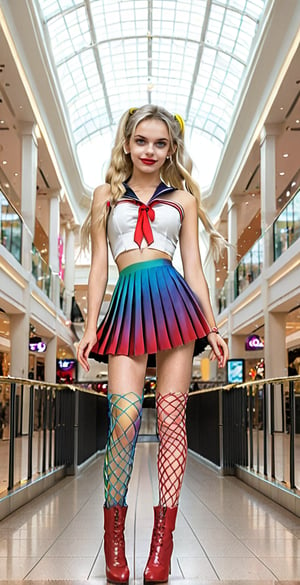 (Full body shot:1.4),  low angle view, ultra realistic photography,  a young Sailor Moon in a mall, crowded mall, perfect face, beautiful face, skinny body, blond hair, freckles, 12yo, very happy, smile, red lipstick, detailled background, long smooth hair, twin_braid, very long hair, perfect boobs, large breast, white fishnet tank top, pleated miniskirt, showing belly, red over the knee boots, red lipstick, blue eyes, hanging hair,thylane,skirtlift, ((full body shot)), band shirt, [Sailooor!!],see-through clothes,strapless rainbow gradient fishnets,high heels