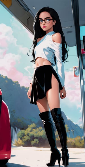 A striking full-body shot of a 11-year-old model on a Japanese bus, shy and afraid. She stands tall in a split skirt, one shoulder meshtop revealing her flat belly, as her long black hair flows like a waterfall down her back. Morning light through the windshield highlights her porcelain skin texture. Her features are photorealistic, with a slender physique, high heels, and over-the-knee boots. Red lipstick defines her lips, while glasses add a touch of sophistication to her striking appearance.
