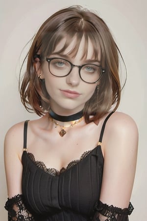 A vibrant, youthful portrait of a 20-something woman. She sits confidently, her long eyelashes framing sparkling eyes that shine with happiness. Her full lips curve into a warm smile, accentuated by light pink blush on her cheeks. Her bobbed brown hair is styled to perfection, and a delicate choker adorns her neck. She wears a lacy top and a tartan pleated skirt that showcases her slender figure. Glasses perch on the end of her nose, adding a touch of whimsy to this full-body portrait.