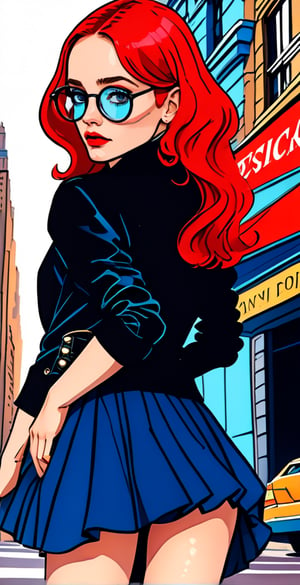 (full body shot), A stunning 20-year-old woman stands confidently, her gaze direct at the camera, wearing a sleek leather jacket and pleated skirt that accentuate her toned physique. Her luscious red curls cascade down her back, framing her porcelain-doll face with its defined features: big lips, prominent cheekbones, and piercing blue eyes. A pop of bright red lipstick adds a touch of sassiness. She sports  glasses perched on the bridge of her nose, adding to her mysterious allure. Her high heels click softly on the iconic Fifth Avenue pavement, Manhattan's bustling streets blurred in the background like a watercolor painting. The atmosphere exudes vintage glamour,anime style,,VintageMagStyle,skirtlift,Flat vector art,masterpiece,nami(one piece),watercolor \(medium\)