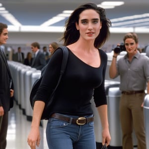 sologirl, masterpiece, young Jennifer Connelly standing in an airpot, surrounded by paparazzi, best quality, ray tracing, hdr, volumetric lighting, (full body shot), facing viewer, shy smile, photo, (medium breasts), tight skinny jeans, one shoulder black top, black long boots, high heels ,Masterpiece,jenniferconnelly