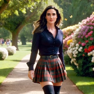 sologirl, masterpiece, Jennifer Connelly walking in a park, surrounded by butterflies, flowers, unicorn, stars, bubbles, best quality, ray tracing, hdr, volumetric lighting, (full body shot), facing viewer, (shy smile), photo, (medium breasts), tight tartan pleated miniskirt, one shoulder black top, black long boots, high heels ,Masterpiece,jenniferconnelly,photorealistic, over the knee boots,skswoman