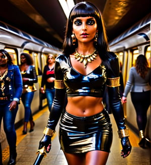 sologirl, masterpiece, a thin egyptian godess walking in an crowded subway station, 16 yo, ((very skinny body)), perfect body, perfect face, perfect boobs, 4K, hdr, volumetric lighting, ((full body shot)), facing viewer, shy smile, photo, over the knee boots, bimbo makeup, high heels, bob haircut, long hair, black hair, fringe, a lots of gold jewels, earings, bangles, armbands, gold chains, gold arm bracelets, gold cuffs, black and gold leather crop top,  black and gold leather miniskirt, showing belly, Obsidian_Gold, ((((full lenght portrait)))), dark lipstick, bright eyes, holding a whip and a gold scepter,Obsidian_Gold