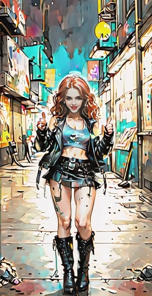 ((full body shot:1.4)),1girl, 12yo, perfect body, skinny body, perfect face, detailed face, (see-through tank top), showing belly, miniskirt, redhead, long curly hair, leather jacket, high heels,(tight high boots), red lipstick, in a busy street of Seoul, happy, thumbs-up,Comic Book-Style 2d