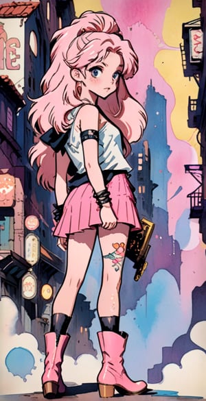 (full body shot), A serene scene unfolds as a 16-year-old girl, donning a pink miniskirt and one-shoulder tank top, walks through the vibrant merchant street of a cyberpunk village. The setting sun casts a warm glow, highlighting her freckles, red lipstick, and tattoos. Her long, wavy pink hair flows behind her like a river, as she confidently struts in over-the-knee boots and high heels. The tight-fitting clothes accentuate her physique, while the anime-style watercolor filter gives the scene a vintage charm. large breast, skinny body, bimbo make-up, (over the knee boots),anime style