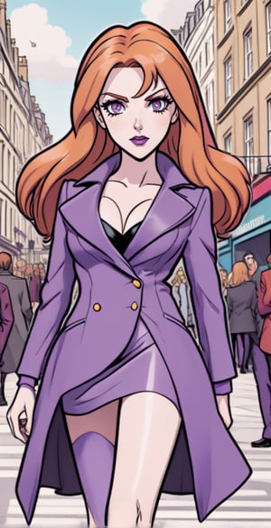 (Full body shot:1.4),  anime style,  a young Daphne Blake standing in a busy street of London, in daylight, crowded place, skinny body, perfect face, beautiful face, perfect body, long wavy red hair, purple bow in the hair, perfect boobs, 12yo, shy smile, red lipstick, detailled background, perfect boobs, (purple thight miniskirt:1.4), purple bra, leather jacket, showing belly, high heels, fishnets tights, undersized clothes,long ginger hair,hairband,glamourous makeup, huge breasts, big_boobs