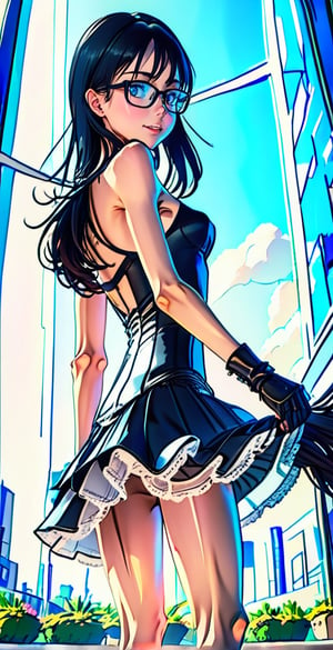 Masterpiece, side view, top quality, high definition, photography, 1 girl, (full body shot),  perfect face, perfect body, skinny body, bob haircut, black hair, glasses, shy smile, summer dress, looking at me, (riding a horse:1.4), blue sky, sunlight through building in a futuristic city, glamourous, flying saucers, skinny, skirt_lift, high heels, over the knee boots, (laces:1.4), see-through clothes,skirtlift,anime style