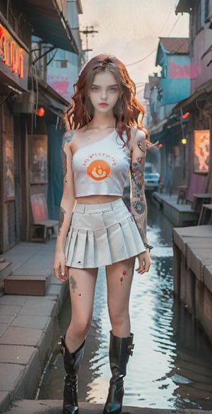 (full body shot), A serene scene unfolds as a 16-year-old girl, donning a white miniskirt and one-shoulder tank top, walks through the vibrant merchant street of a cyberpunk village. The setting sun casts a warm glow, highlighting her freckles, red lipstick, and tattoos. Her long, wavy brown hair flows behind her like a river, as she confidently struts in over-the-knee boots and high heels. The tight-fitting clothes accentuate her physique, while the anime-style watercolor filter gives the scene a vintage charm. large breast, skinny body, bimbo make-up