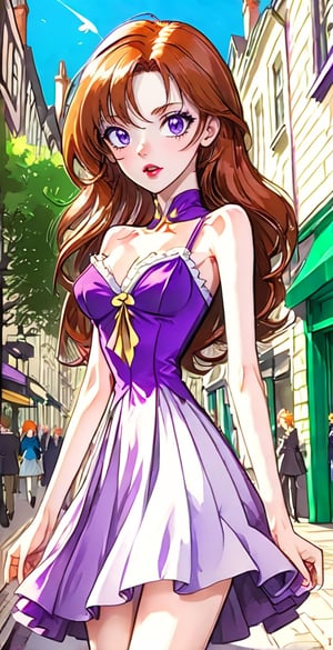 (Full body shot:1.4),  anime style,  a young Daphne Blake standing in a busy street of London, in daylight, crowded place, skinny body, perfect face, beautiful face, perfect body, long wavy red hair, purple bow in the hair, perfect boobs, 12yo, shy smile, red lipstick, detailled background, perfect boobs, (purple thight miniskirt:1.4), purple bra, showing belly, high heels, fishnets tights, undersized clothes,long ginger hair,hairband,glamourous makeup, huge breasts, big_boobs,watercolor,