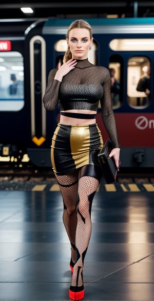 (full bodyshot), A photorealistic masterpiece! A 14-year-old girl with perfect face and body, big breasts and skinny physique, stands confidently in a crowded summer evening train station. She's wearing glamorous style clothes - a dress that shows off her belly, high heels, fishnets tights, and red lipstick. Her long legs are toned and perfect, as she walks effortlessly while holding a heavy suitcase with one hand. In the background, neon lights reflect off the animal print fabric, creating a sense of depth and detail. The subject's sharp features pop against the blurred crowd, exuding a glamorous style,REALISTIC,Hyper Realistic