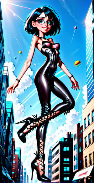 Masterpiece, top quality, high definition, photography, 1 girl, (full body shot),  perfect face, perfect body, skinny body, bob haircut, black hair, glasses, shy smile, leather pants, looking at me, blue sky, in a building in a futuristic city, glamourous, flying saucers, skinny, high heels, (laces:1.4), see-through clothes,skirtlift,h0rs3_p3nis, bulge