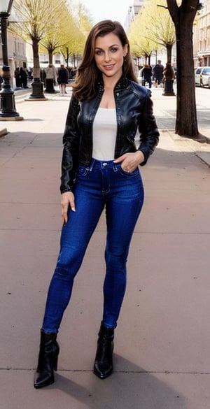 alyssa milano, face view, ((full body shot:1.4)), 1girl, caucasian, 17yo, black long smooth hair, perfect face, perfect body, petite body, skinny body, bimbo makeup, outside in a park at day, high heels ankle boots, (black tight jeans:1.4), closed leather jacket, skinny body, lots of lights,photorealistic, shy smile, ((jacket is closed:1.3)), (black jeans:1.3),Latina face