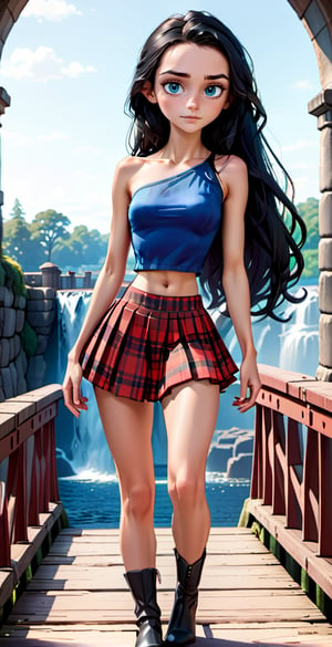 face view, full body Shot of a stunning 15-year-old model, posing confidently on a Japanese bridge. She's wearing a tartan split skirt and a one-shoulder top, showing flat belly, and very long black hair that cascades like a  waterfall. The morning light streaming through the window highlights her porcelain skin texture. photorealistic quality,skinny body, high heels, over the knee boots, red lipstick, flat belly,disney pixar style,aesthetic portrait