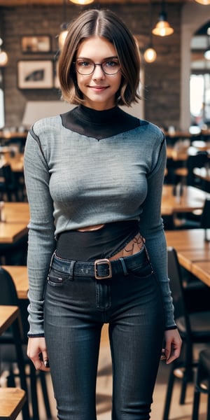 1girl, solo, french, 26 yo,  marineblueeyes, grey sweater, (black skinny jeans: 1.7), medium large breasts, glasses, brown hair, bob haircut, short hair, shy smile, best quality, amazing quality, very aesthetic, sitting at a table in a pizzeria