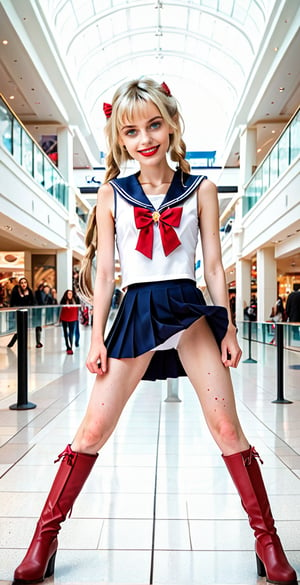 (Full body shot:1.4),  low angle view, ultra realistic photography,  a young Sailor Moon in a mall, crowded mall, on all fours, on her knees,  in daylight, perfect face, beautiful face, skinny body, blond hair, freckles, 12yo, very happy, smile, red lipstick, detailled background, long smooth hair, twin_braid, very long hair, perfect boobs,  white tank top, pleated miniskirt, showing belly, red over the knee boots, red lipstick, blue eyes, whipping a large ribbon, hanging hair,thylane,skirtlift, ((full body shot)), band shirt, [Sailooor!!]