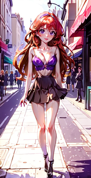 (Full body shot:1.4),  anime style,  a young Daphne Blake standing in a busy street of London, in daylight, crowded place, skinny body, perfect face, beautiful face, perfect body, long wavy red hair, purple bow in the hair, perfect boobs, 12yo, shy smile, red lipstick, detailled background, perfect boobs, (purple thight miniskirt:1.4), purple bra, showing belly, high heels, fishnets tights, undersized clothes,long ginger hair,hairband,glamourous makeup, huge breasts, big_boobs,,disney pixar style