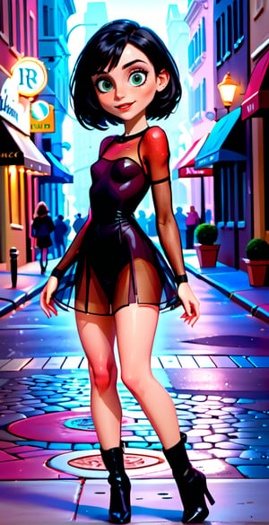 Full body shot, extra realistic, photography, 4k, 1girl, 12yo, caucasian, perfect body, perfect face, skinny body, beautiful face, bob haircut, black hair, mesh see-through minidress, high heels over the knee boots, in a fancy street, detailed background, shy smile, red lipstick,disney pixar style