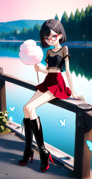 (full body shot:1.4), a teenage girl, 13 yo, skinny body, perfect face, perfect body, bimbo makeup, bob haircut, black hair, glasses, red velvet skirt, showing belly, (black see-through t-shirt:1.3), black mesh top, black laces top, very sexy attitude, (eating cotton candy:1.4), leaning on a fence, on a bridge, near a lake, detailed_background, high heels, (long over the knee boots:1.4), cotton candy atmosphere,see-through clothes, flying butterflies, stars