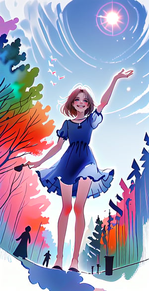 Masterpiece, top quality, high definition, artistic composition, 1 girl, (full body shot), composition from below, smiling, summer dress, looking at me, blue sky, sunlight through trees, casual, warm, reaching out,YunQiuWaterColor,skinny