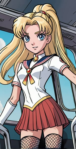 (Full body shot:1.4),  side view, low angle view, ultra realistic photography,  a young Sailor Moon in a bus, crowded bus, perfect face, beautiful face, skinny body, blond hair, freckles, 12yo, very happy, smile, red lipstick, detailled background, long smooth hair, fringe, bang, twin_braid, very long hair, perfect boobs, large breast, white fishnet tank top, pleated miniskirt, showing belly, red over the knee boots, red lipstick, blue eyes, hanging hair,thylane,skirtlift, ((full body shot)), band shirt, [Sailooor!!],see-through clothes,strapless rainbow gradient fishnets,high heels, leather jacket, arms up, one arm_raised,disney pixar style, (fishnets legwear:1.4)