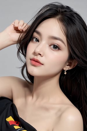 1girl, beautiful face, cheerful, wink, earrings, black strapless t-shirt, oversized, (simple plain background),high detailed face, skin textures, focused on eye, ultra sharp focus, depth of field effects, professional beauty lighting, professional beauty make-up photoshoot, medium shoot