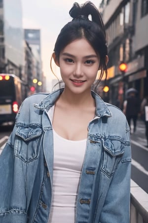 one girl, beautiful actress, ponytail, cheerful smile, direct gaze, sensual expression, thin see-through low neck tanktop, cleavage, glossy skin, beautiful breast, denim jacket outerwear, dynamic standing pose, outdoor, rainy city street, butterfly lighting, direct light, longshoot,