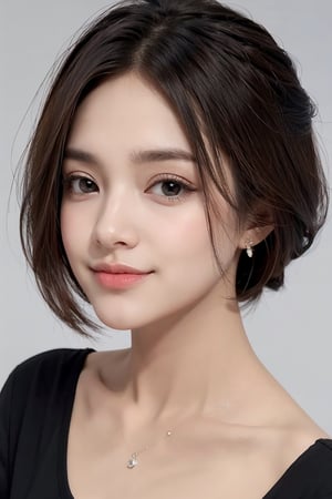 1girl, beautiful face, short messy hair, cheerful smile, wink, earrings, low v-neck t-shirt, oversized, (simple plain background),high detailed face, skin textures, focused on eye, ultra sharp focus, depth of field effects, professional beauty lighting, professional beauty make-up photoshoot, medium shoot