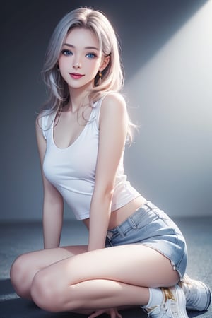 photorealistic without background, high resolution, 1 woman, shiny skin, alone, jewelry, pink lips, long silver hair, ((blue eyes)), (Sensual look at photographer, lips slightly open), happy smile, 4k, ph mai, full body, (tight white top), (white miniskirt with gold edges), white sneakers, super high quality, HD